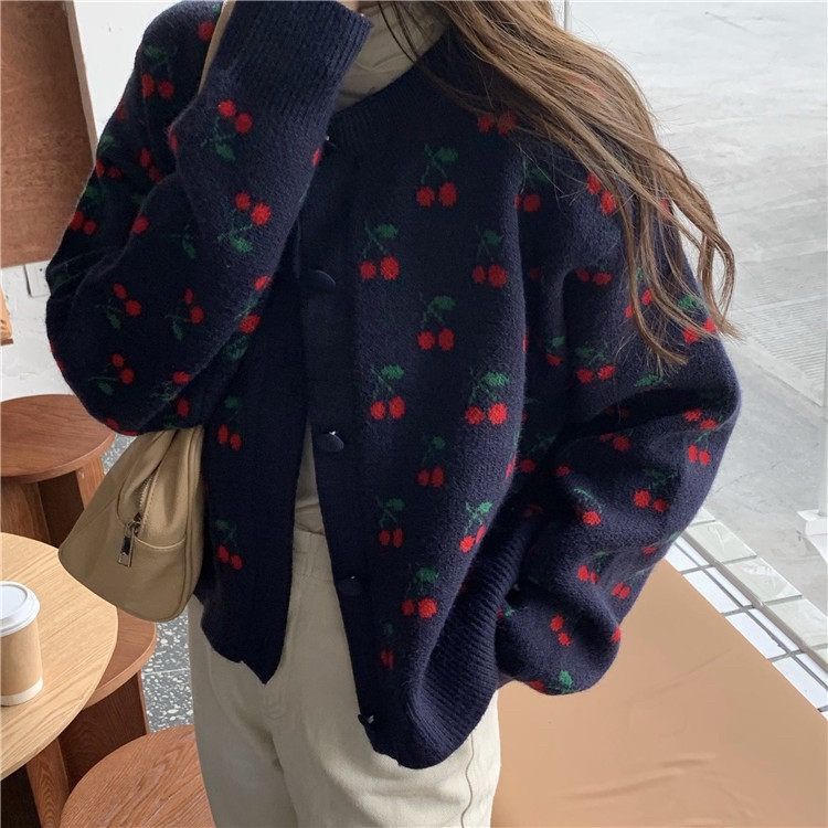 Áo khoác cardigan dệt kim dáng rộng họa tiết quả cherry phong cách hàn quốc thời trang cho nữ