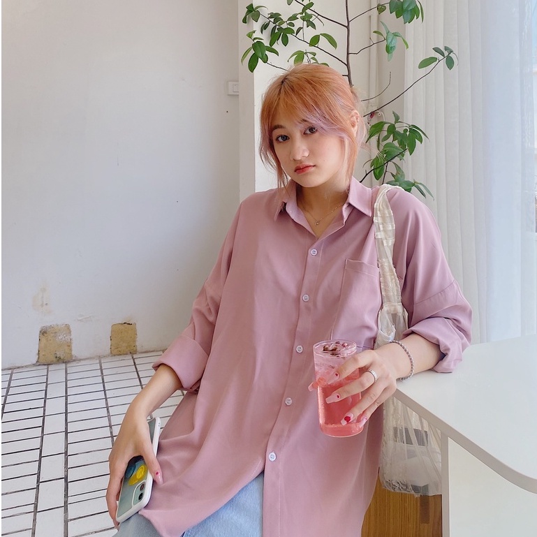 Áo Sơ Mi Nữ Tay Dài Form Rộng Một Túi Viền