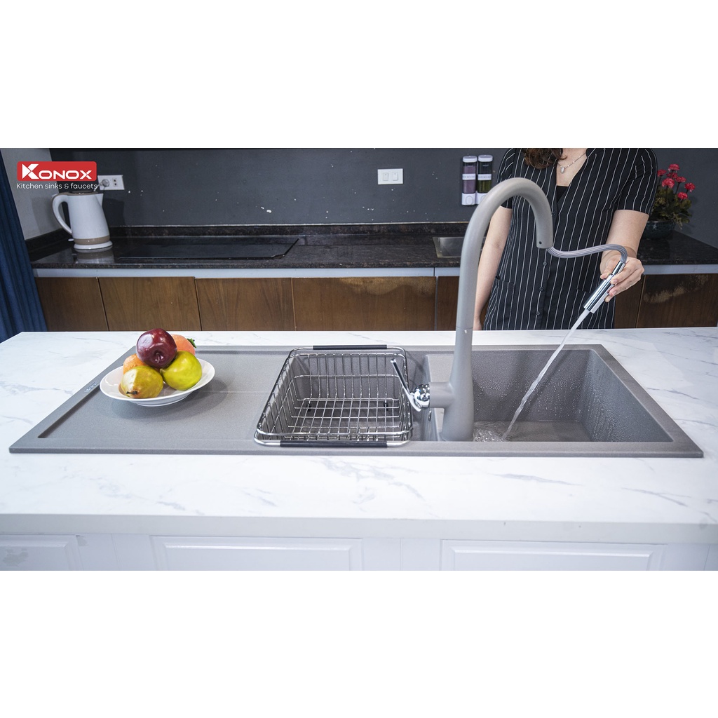 Chậu rửa bát đá KONOX Granite Series Livello 1160 Grey, Made in Italy, Full set gồm Siphon + Giá úp bát inox