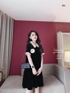 Váy Nhung Cổ Ren hoa ngực