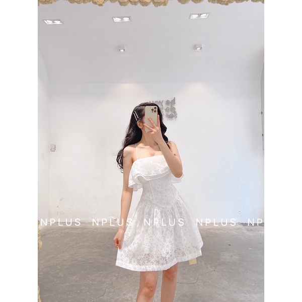 Đầm hai dây trễ vai hoạ tiết hoa cúc mini