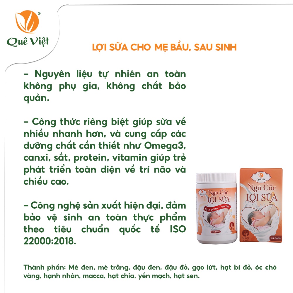 Ngũ cốc lợi sữa Quê Việt 100% nguyên liệu hữu cơ, sữa về nhiều, nhanh, bổ sung dinh dưỡng cho bé 500gr