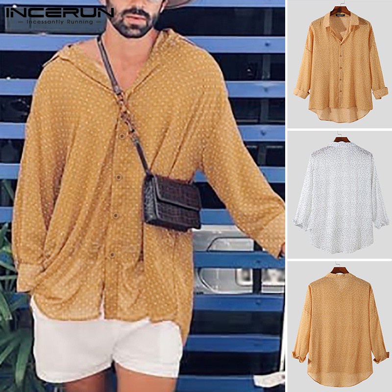 Áo sơ mi nam INCERUN không đều mỏng tay dài mẫu chấm bi vintage