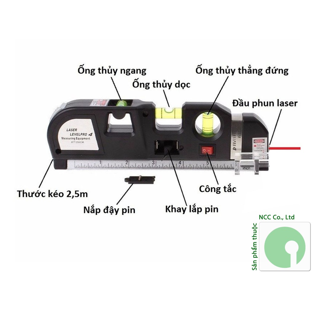 Thước đo laser đa năng - tia laser góc dọc ngang - thước dây kéo - ống thủy cân bằng - NPD-T-Laser-5433