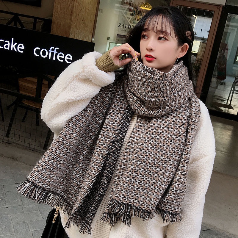 Khăn choàng len cashmere dày dặn giữ ấm họa tiết sọc caro phong cách Hàn quốc