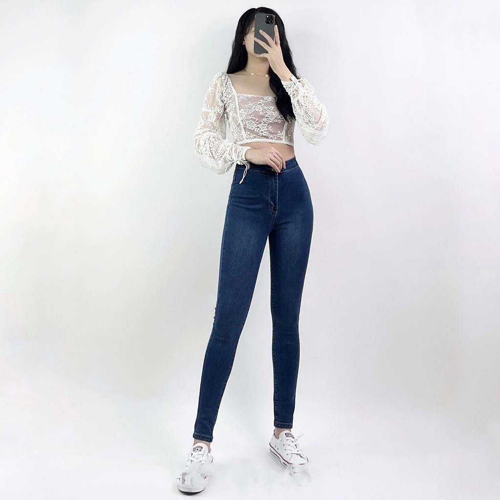 Quần bò nữ lưng cao co giãn không túi CHERRY, Quần jean cạp cao bigsize skinny jeans dáng ôm trơn dài T021