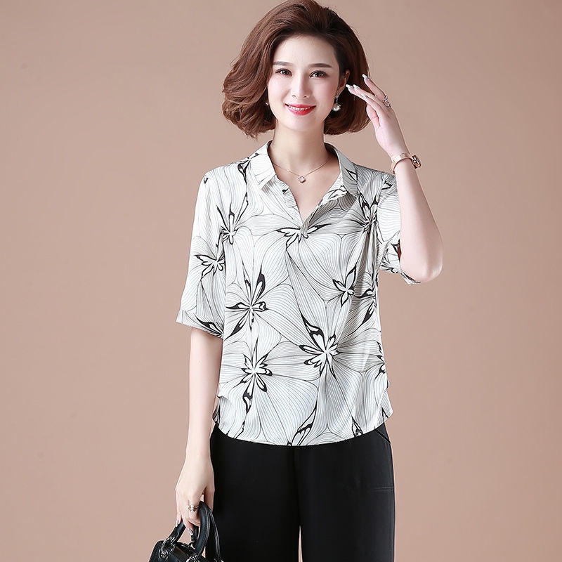 Áo Sơ Mi Voan Tay Ngắn Họa Tiết Chấm Bi Dáng Rộng Thời Trang Mùa Hè Cho Nữ Trung Niên