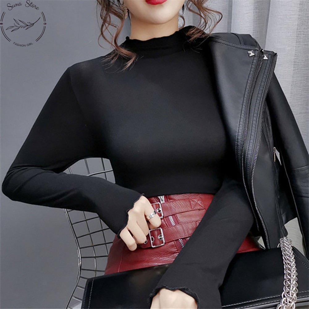 [Quà tặng là kẹo] Áo thun nữ tay dài cổ cao ôm body, Áo phông nữ có cổ len tăm SUNA FASHION từ 40-60Kg AT01 | BigBuy360 - bigbuy360.vn