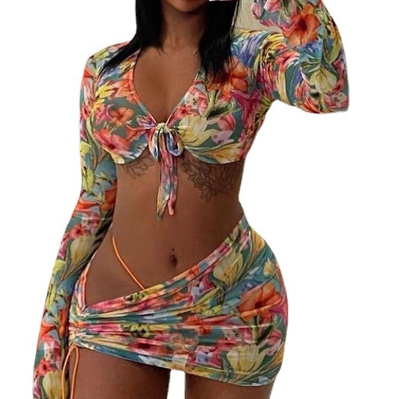 Xiangbao Set 3 Áo Crop Top Lưới Hoa Dài Tay Thắt Nơ Kèm Chân Váy Dây Rút Bên Hông Gợi Cảm Cho Nữ Beac