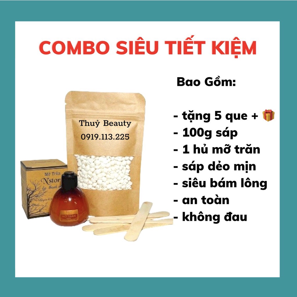 Combo Waxing tại nhà ⚡FREESHIP +  + QUE⚡  không dùng nồi, triệt lông vĩnh viễn siêu tiết kiệm, an toàn, không đau