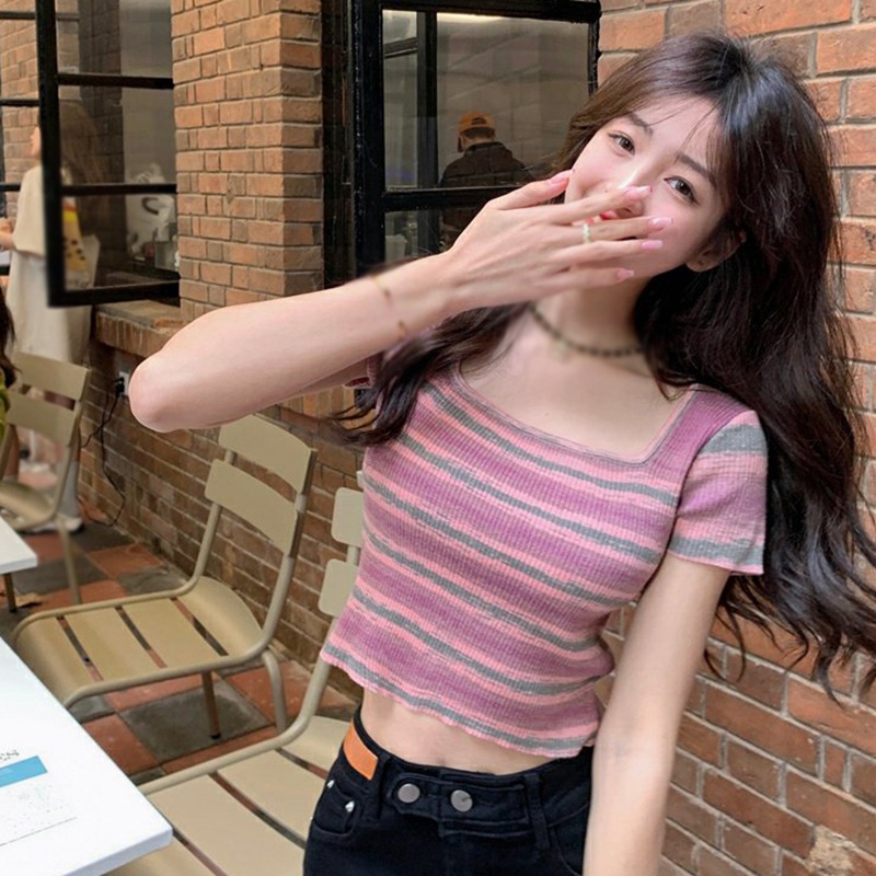 Áo Thun Ngắn Tay Họa Tiết Sọc Ngang Thời Trang Dành Cho Nữ
