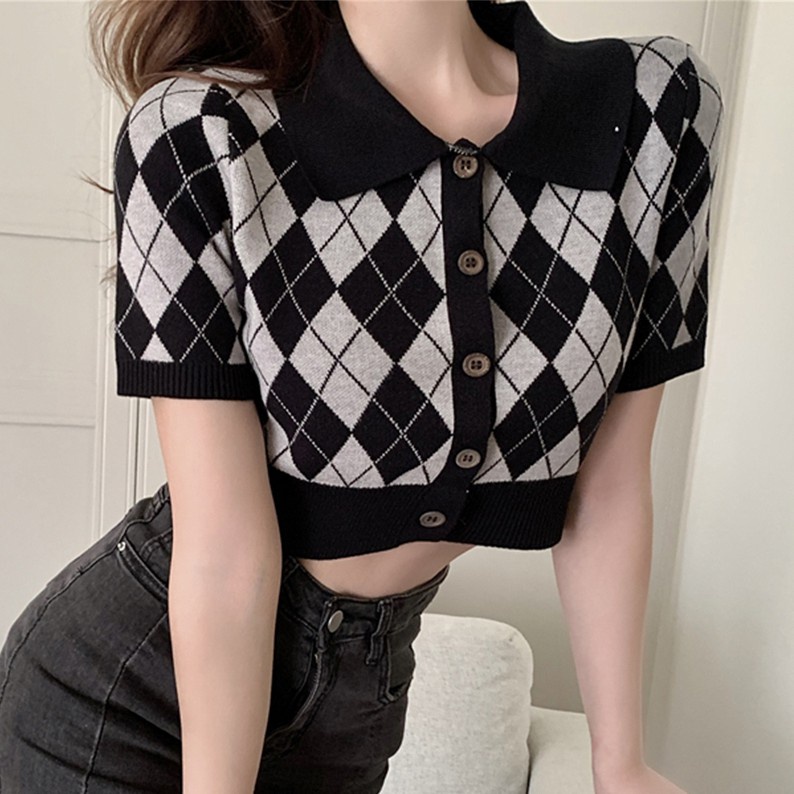 Happy-store ❤️ Áo Cardigan Croptop Dệt Kim Tay Ngắn Cổ Bẻ Kẻ Sọc Phong Cách Cho Phụ Nữ Hàn Quốc Happy Store