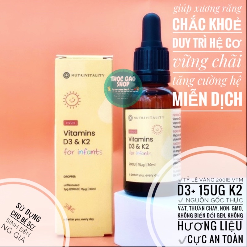 Vitamin D3 &amp; K2 MK7 Anh Nutrivitality UK 30ml giúp phát triển hệ xương,răng và tăng cường hệ miễn dịch (mẫu mới vỏ vàng)