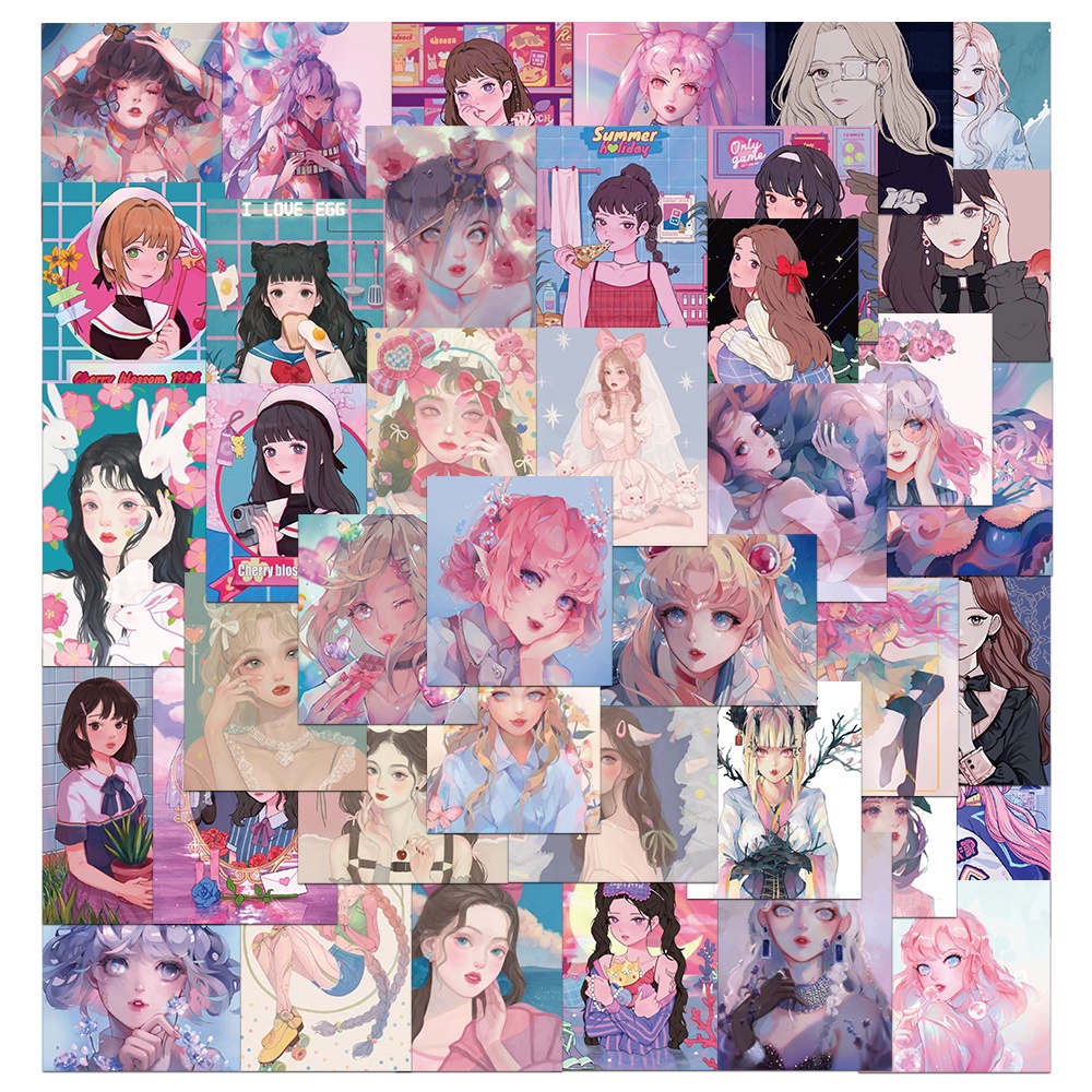 Bộ 50 Miếng Dán Trang Trí Sổ Tay/Va Li Chống Thấm Nước In Hình Cô Gái Và Trái Tim Dễ Thương