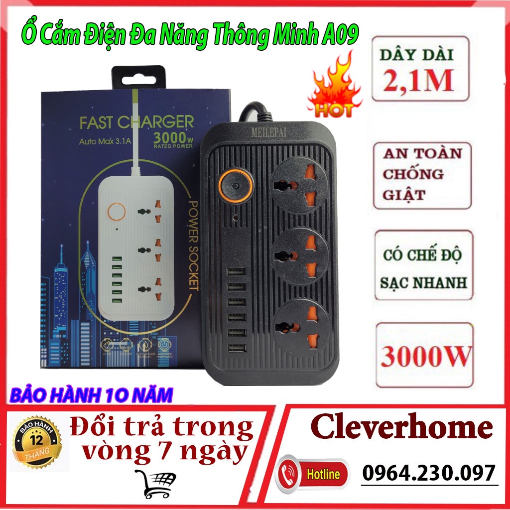 Ổ Điện Chống Giật A09 Đa Năng Thông Minh, 3 Ổ Cắm Tích Hợp 6 Cổng USB Sạc Nhanh 3.1A - Chống Cháy Nổ - Bảo Hành 10 Năm