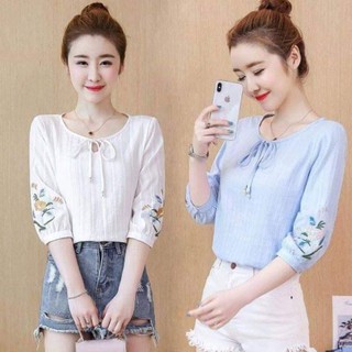 Áo sơ mi tay lỡ thêu hoa