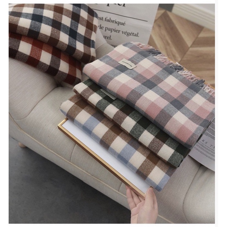 KC03 Khăn choàng nam nữ cashmere caro phối màu nhã nhặn sang trọng quý phái
