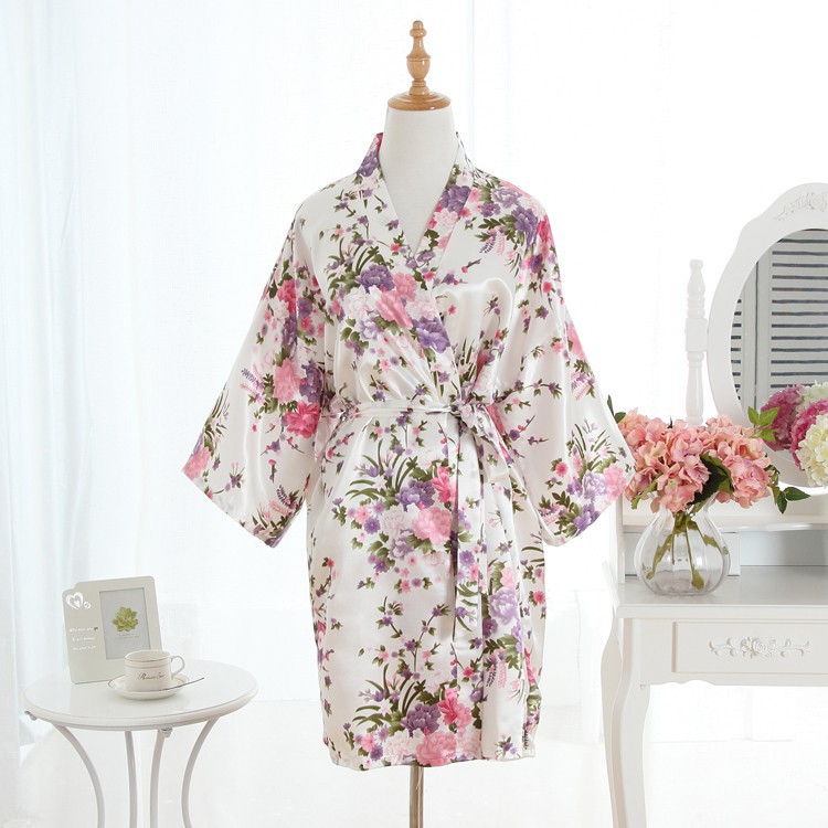 Áo Choàng Tắm Kimono Vải Satin In Hoa Dành Cho Nữ