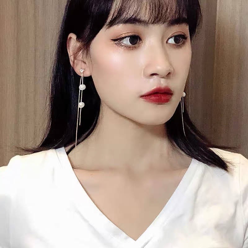 Bông tai 2 hạt châu dài, có thêm dây phía sau, khuyên tai cá tính
