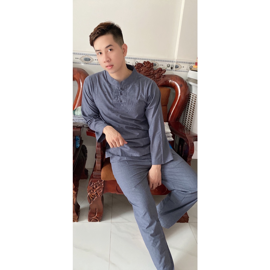 Đồ Lam Đi Chùa 3 Nút Tay Dài