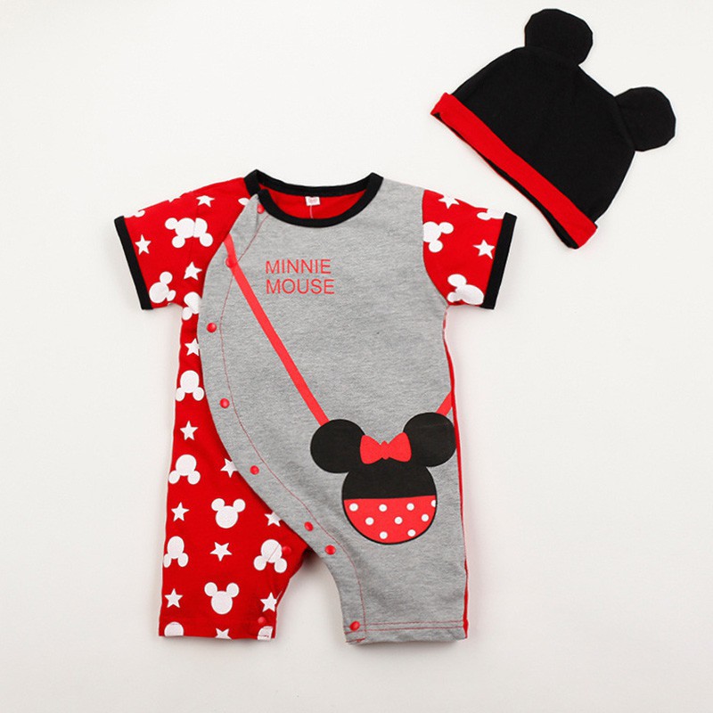 Áo liền quần cotton ngắn tay in họa tiết Mickey kèm mũ thời trang cho bé