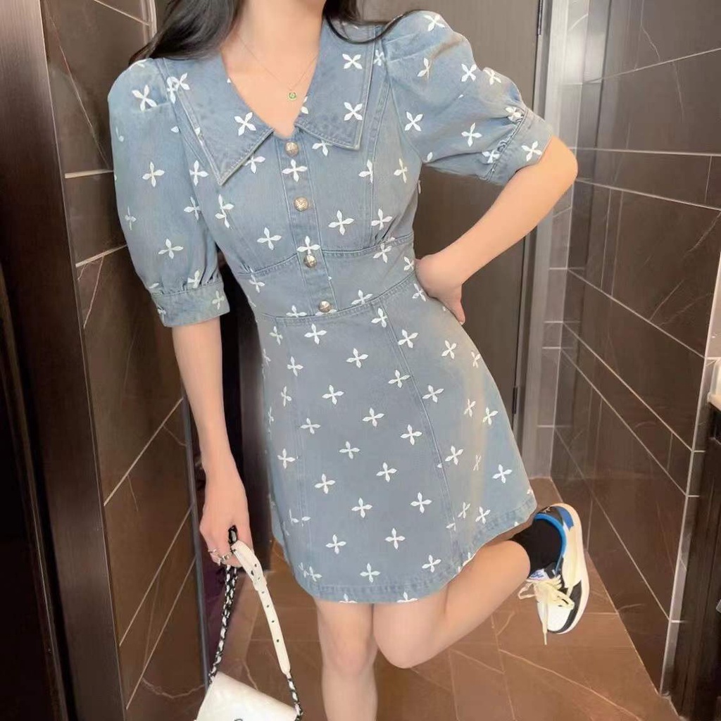 Váy chữ A tay ngắn in họa tiết kiểu Pháp mùa hè 2022 mới cho nữ