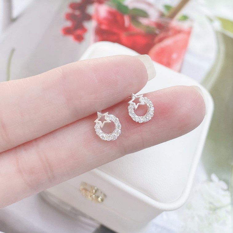Bông tai bạc nữ hình tròn đính ngôi sao, Khuyên tai bạc ta sang trọng nữ tính