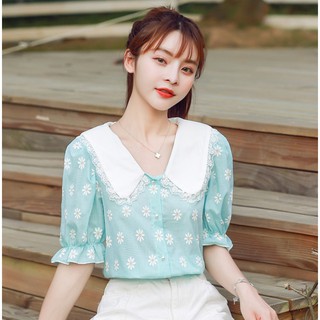 Áo Chiffon Nữ Tay Ngắn Cổ Peter Pan Phối Ren Thời Trang