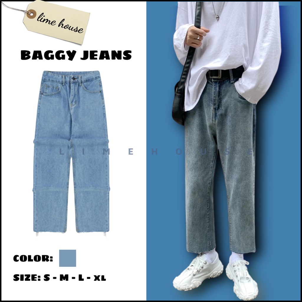 (Xả kho mùa dịch) Quần baggy jeans nam ống đứng cut gấu co giãn màu xanh trơn phong cách Hàn Quốc dễ phối đồ