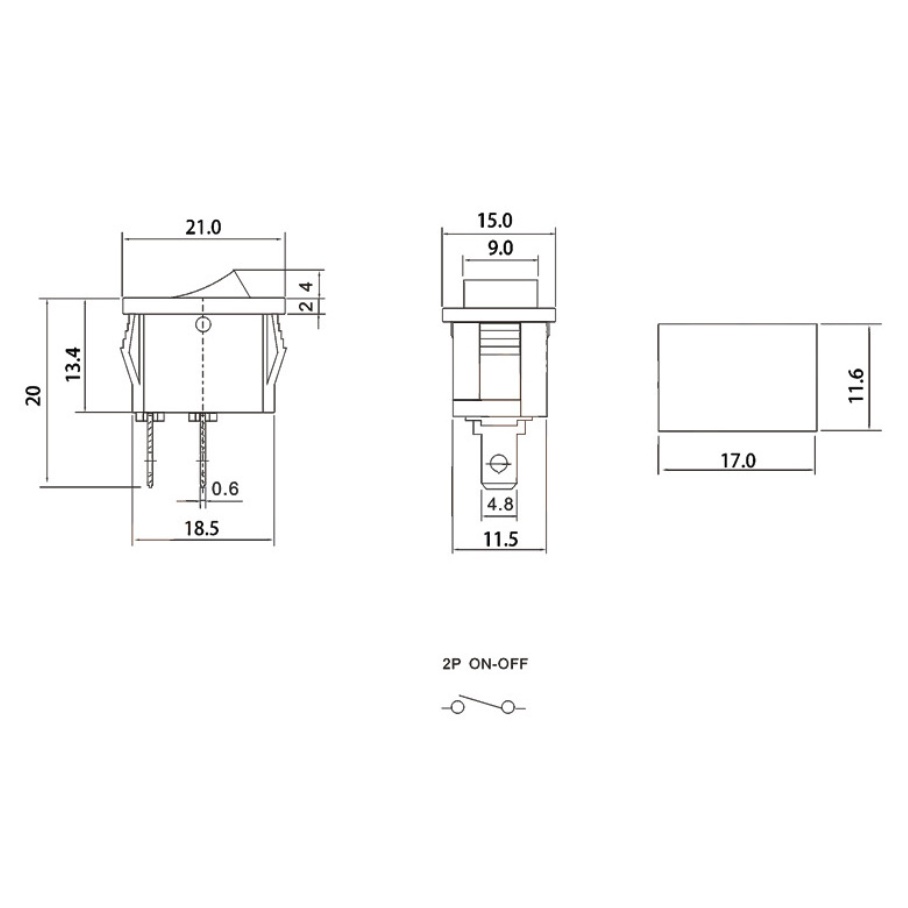 10 Công Tắt Bập Bênh KCD1-101 2P - 250V 6A kích thước 15X21mm loại tốt