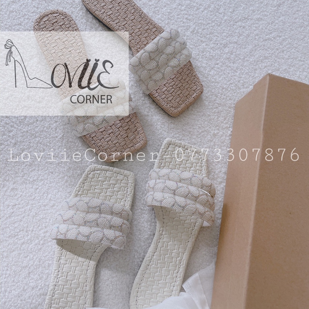 DÉP NỮ LOVIIECORNER - DÉP THỜI TRANG BỆT PHONG CÁCH NỮ TÍNH QUAI NGANG ĐÍNH HẠT ĐẾ THẤP D220702