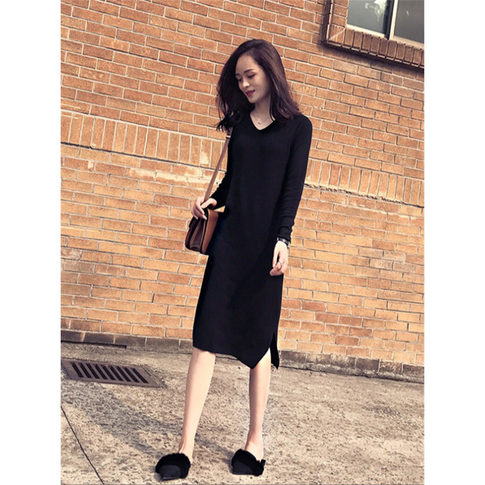 2019 autumn new Korean version of the temperament He Ben wind small black skirt Slim thin bottoming knit dress