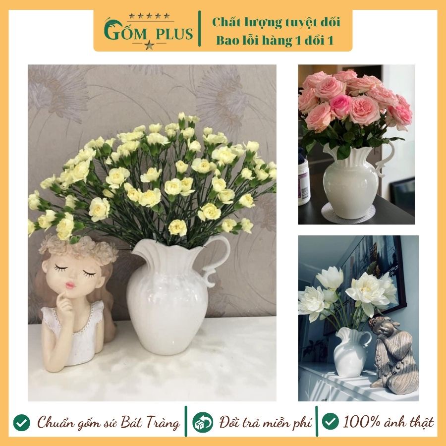 Bình hoa trang trí phòng khách đẹp, lọ hoa gốm dáng bình sữa thiên nga trắng cao cấp, Gốm sứ Bát Tràng, Gốm Plus