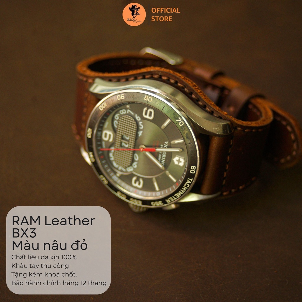 Dây đồng hồ da bò màu nâu đỏ - RAM Leather BX3 không lỗ