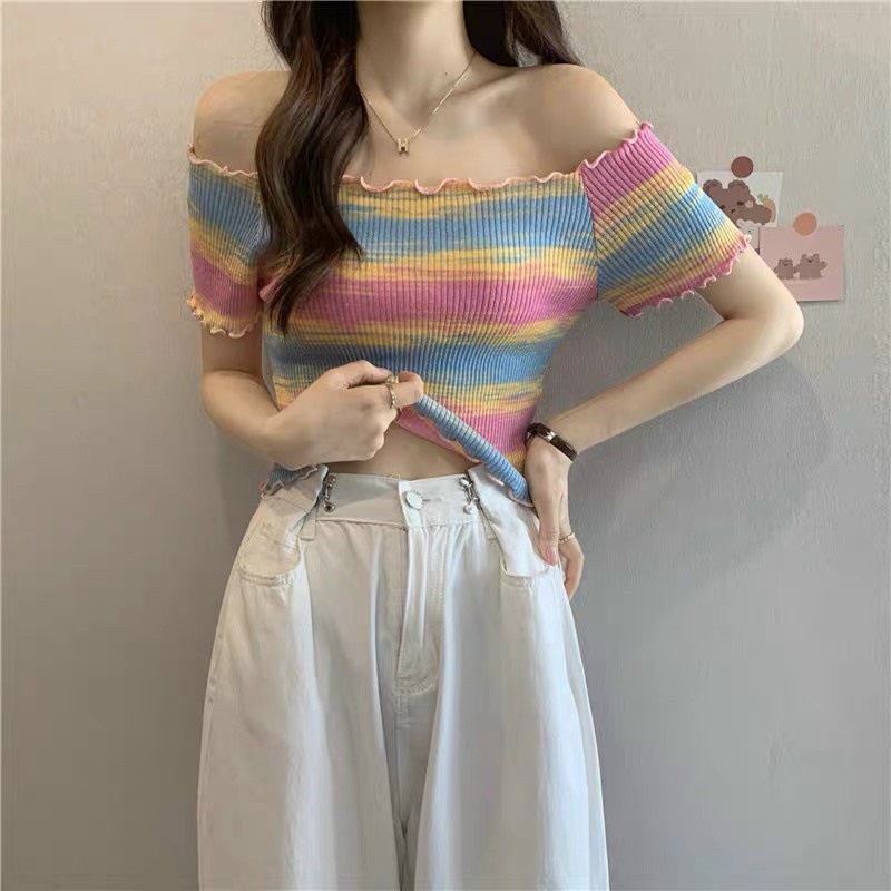 Áo len mỏng trễ vai phối màu trẻ trung - bigsize mặc được