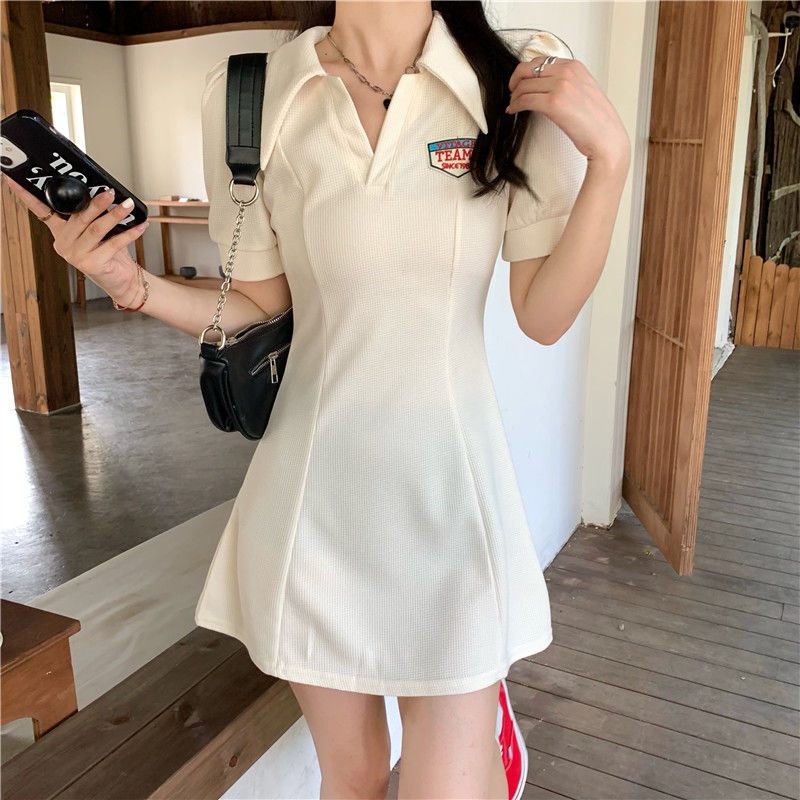 COZOK Đầm Tay Phồng Cổ Bẻ Dáng Ôm In Chữ Thời Trang Xinh Xắn Cho Nữ