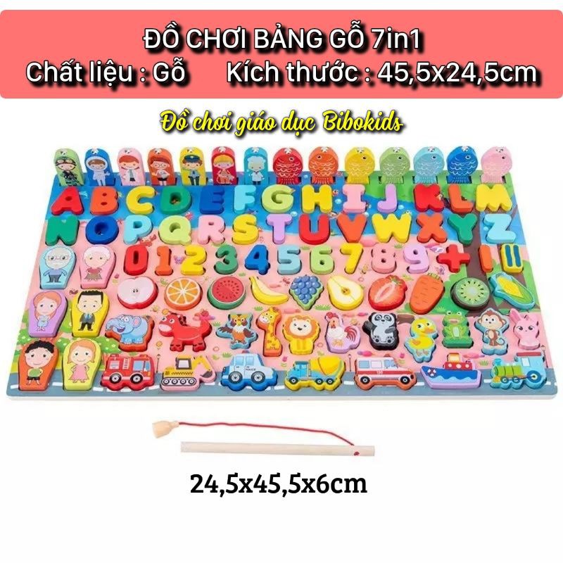 Bộ đồ chơi bảng gỗ 7in1 câu cá kèm số tư duy, chữ cái, trái cây, động vật cho bé