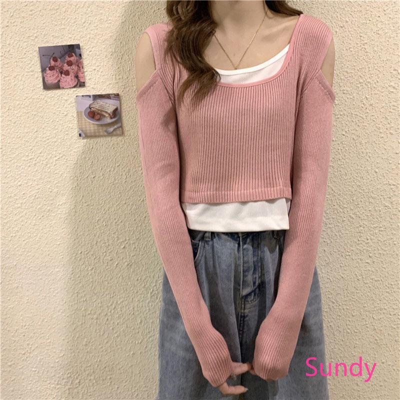 Áo dệt kim tay dài hở vai thời trang dành cho nữ