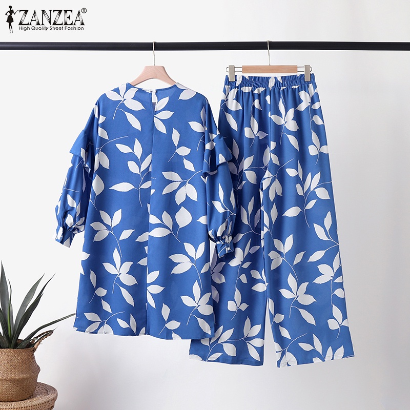 Zanzea Bộ Đồ Hồi Giáo Dáng Thẳng / Xếp Nếp Tay Phồng In Họa Tiết Lá Cây Có Nút