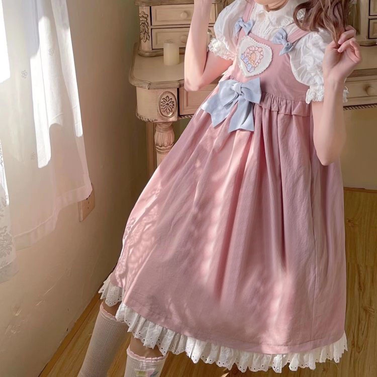 Bộ đầm lolita yếm vải mềm thêu họa tiết trái tim và áo phong cách Nhật Bản thời trang mùa hè cho nữ