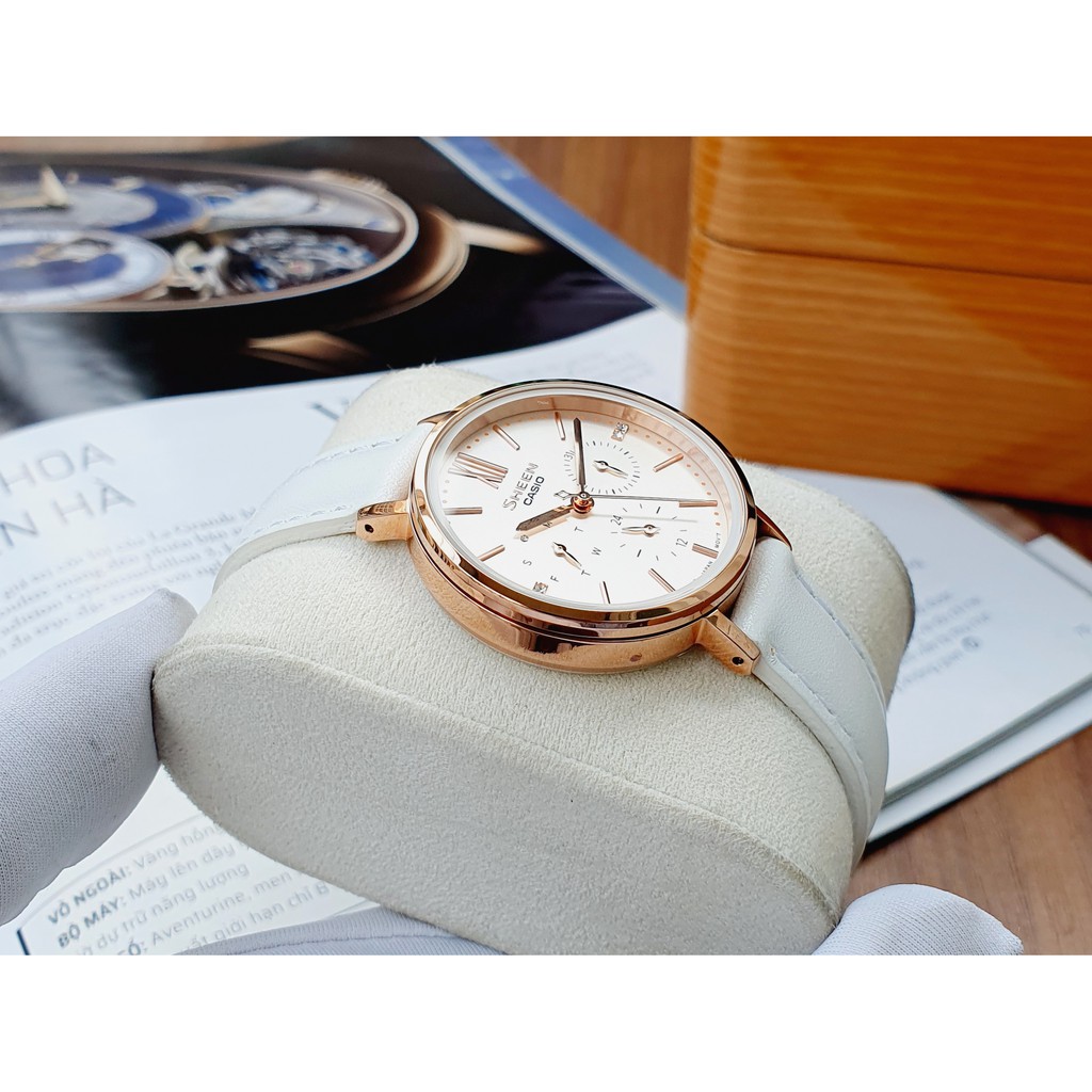 Đồng hồ Nữ chính hãng Casio Sheen SHE-3064PGL- 7AUDF - Máy Quartz pin - Kính khoáng cứng - Dây da