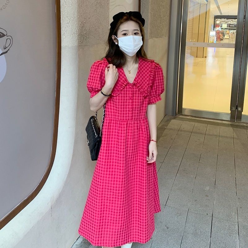 🔥 Đầm Tay Phồng Cổ Búp Bê Họa Tiết Caro Trắng Mùa Hè Eo Cao Tươi Mới Cho Nữ