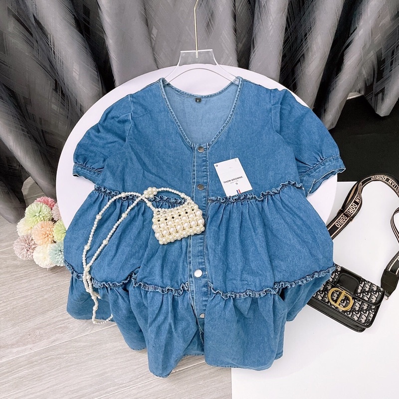Váy đầm sơ mi bò Babydoll nữ xanh dáng xoè bồng bềnh nhiều tầng . MET SHOP
