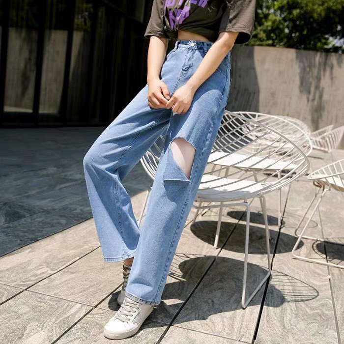 [Big Size Đại] Quần Ống Rộng Dài Form To Chuẩn 105cm- Quần Jeans Ống Rộng Rách 1 Đùi L To/Lưng Cao