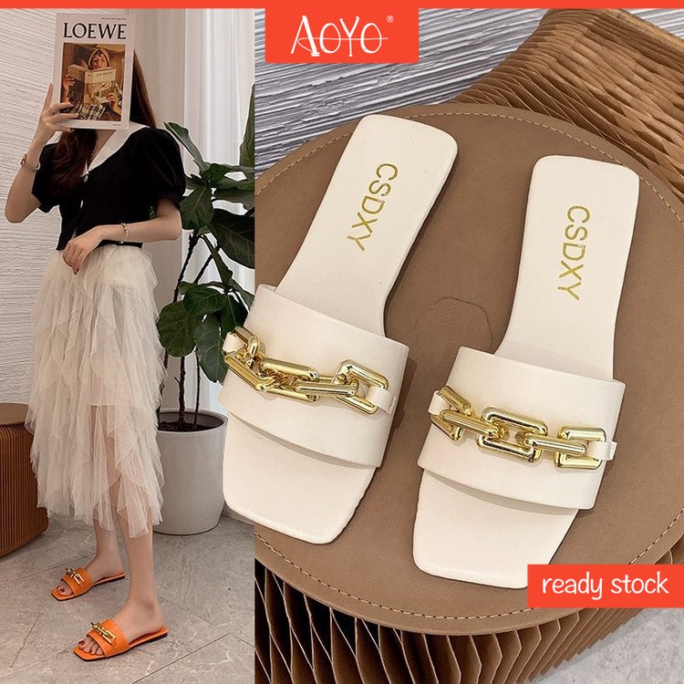 Dép Mũi Vuông Hở Ngón Phối Dây Xích Kim Loại Size Lớn 35-42 Thời Trang Cho Nữ