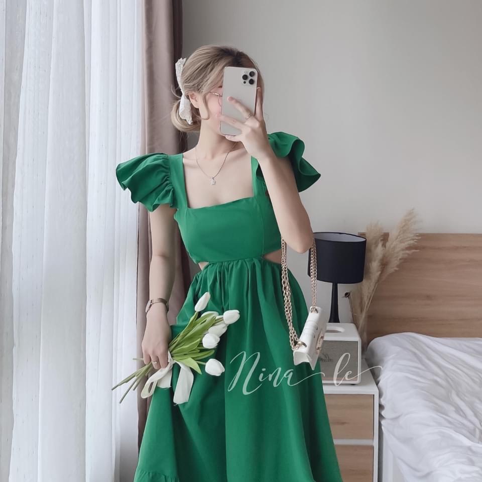 Đầm maxi cánh tiên hở eo nơ lưng hàng thiết kế chất quảng châu maxi đi biển váy maxi bèo vai chun sau