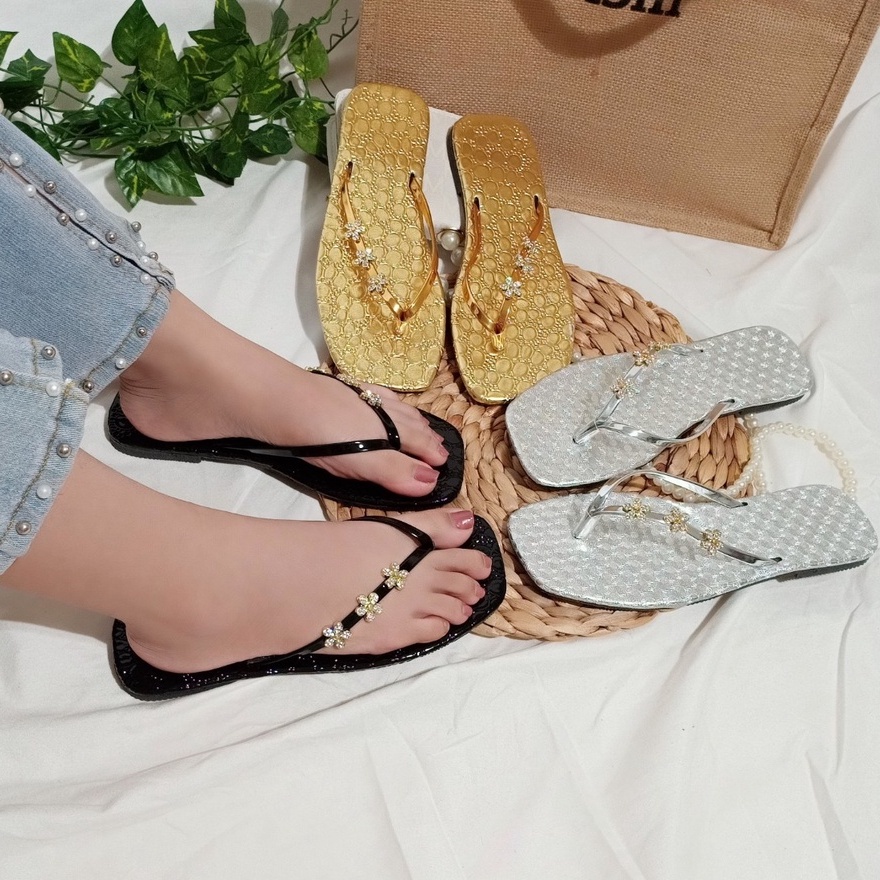 Dép kẹp nữ đính hoa đá sang chảnh 3 màu đen,bạc,vàng lấp lánh-hình thật của shop tự chụp
