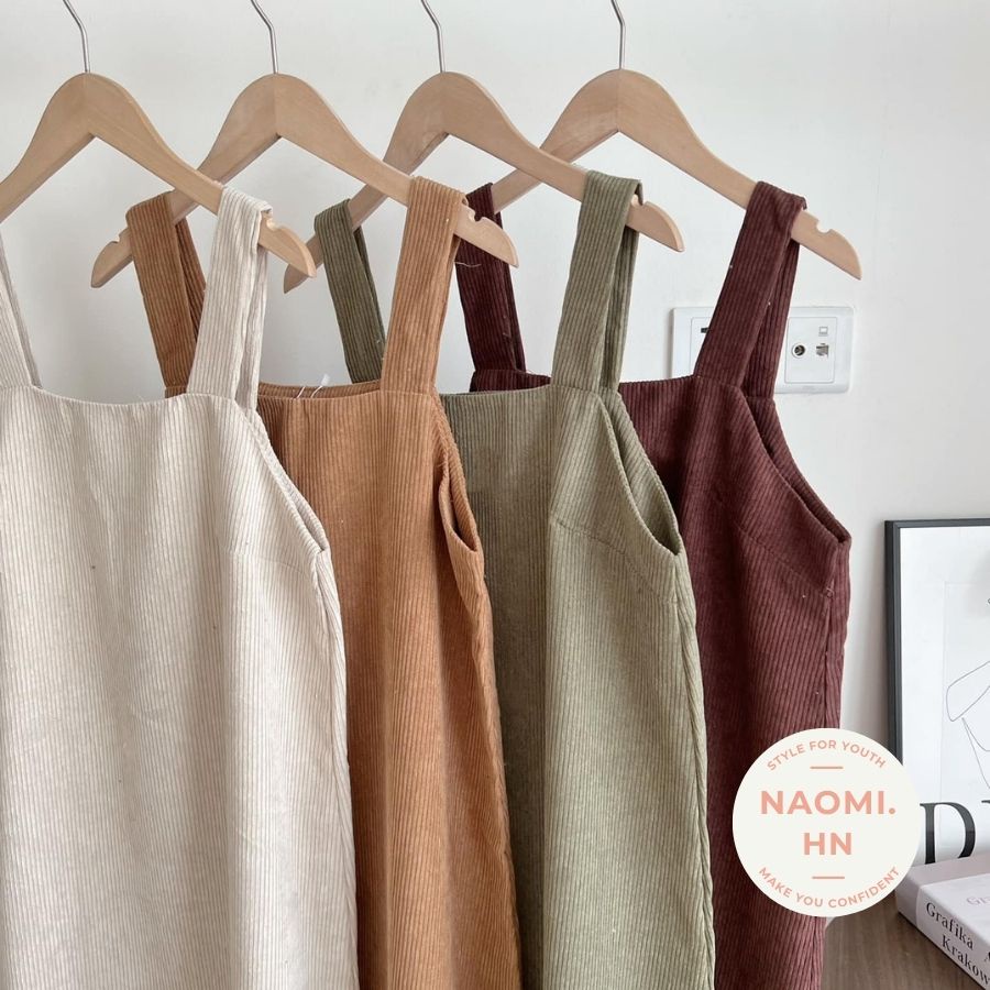 Yếm Nữ Nhung Tăm Suông Rộng Dáng Dài Nhiều Màu. Váy Yếm Nữ Hai Dây Quai To Dáng Dài Nhung Gân Tăm Form Rộng Vintage HQ.