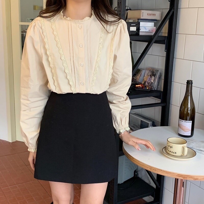 Áo sơ mi cổ tròn viền ren 2 màu - Áo babydoll viền ren chéo lệch ulzzang