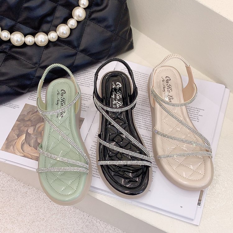 Dép sandal hở ngón đế bằng đính đá phong cách mùa hè kiểu Hàn thanh lịch dành cho nữ 2021